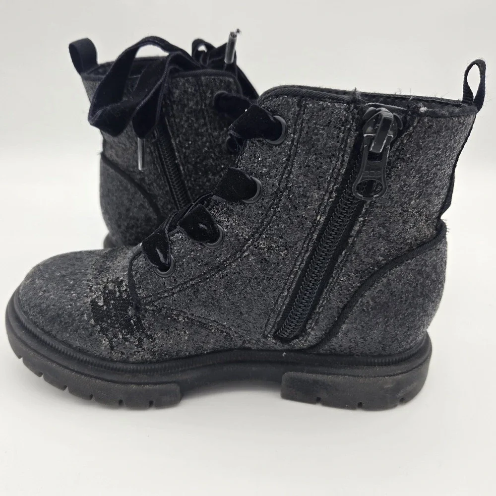 Cat &‎ Jack Girls Black Glitter Combat Boots Side Zip Velvet Laces Size 10